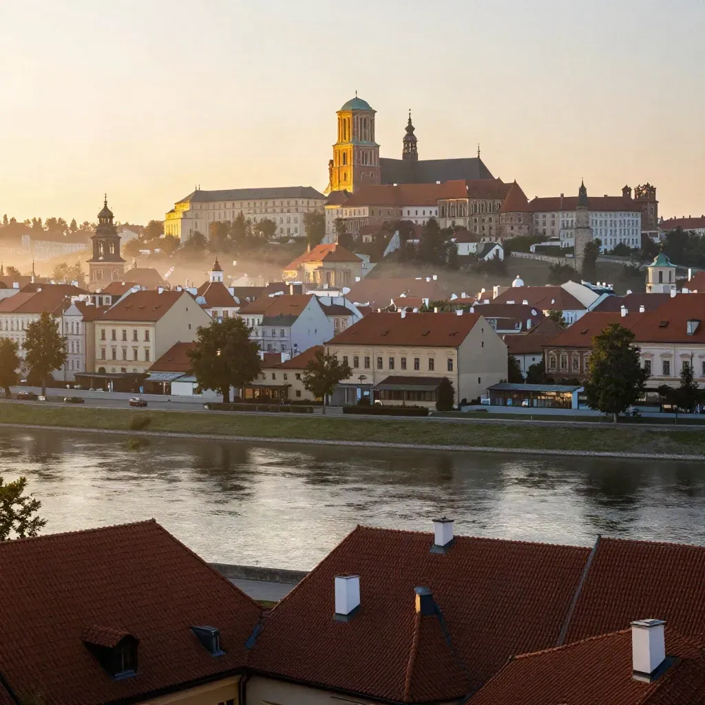 Kraków o świcie, Wawel i dachy nad mglistą Wisłą.