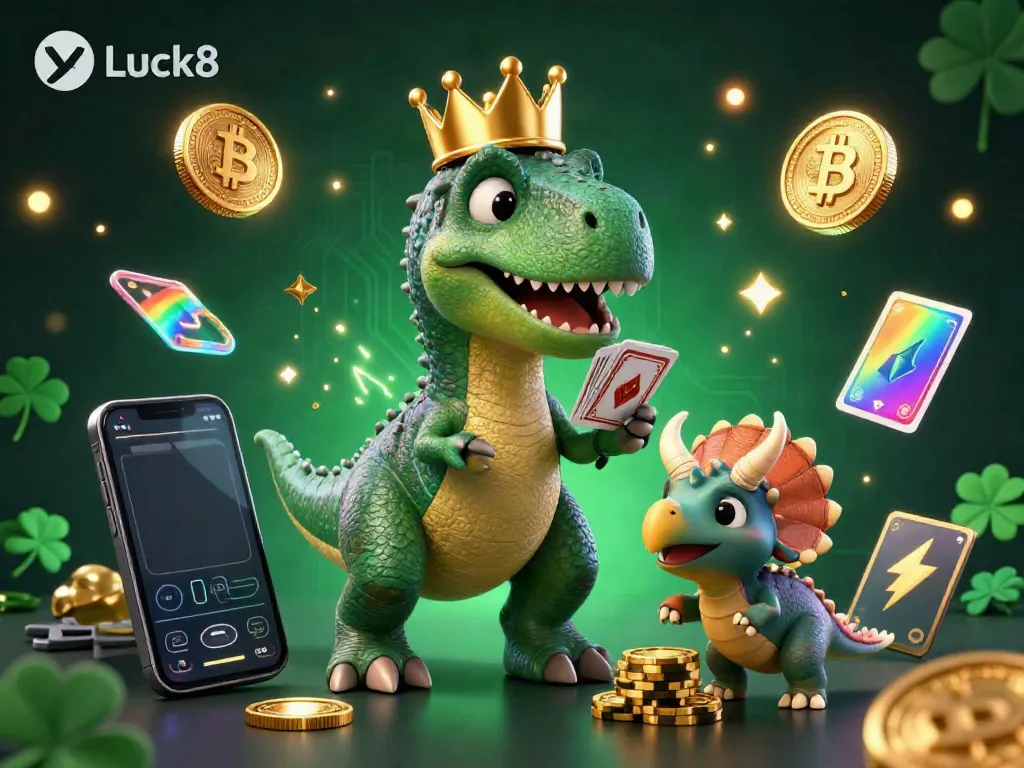 Experience Luck8 in action as a cartoon T-Rex shuffles cards while a triceratops stacks chips in a vibrant casino scene.