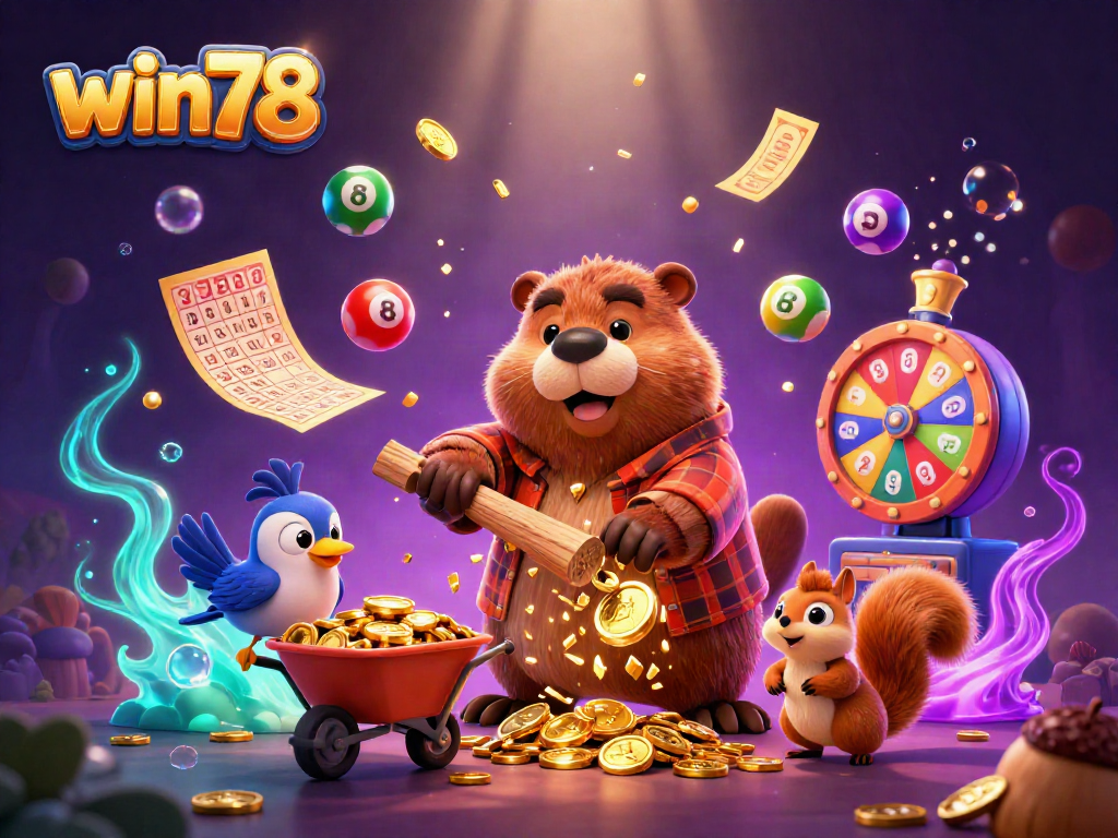 Experience winning moments at win78 with a vibrant, cartoonish casino scene featuring exciting lottery elements.