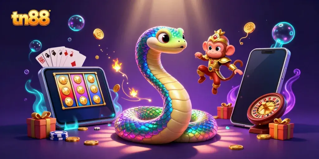 Experience the excitement of tn88 with a vibrant casino illustration featuring magical elements and game symbols.