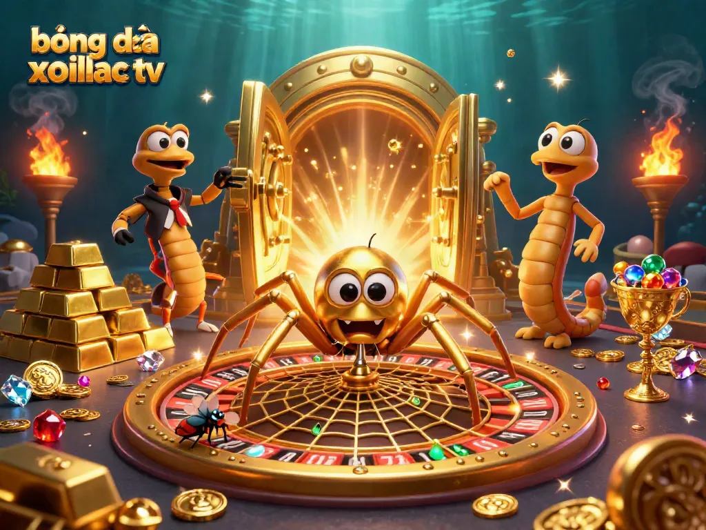 This vibrant 3D illustration showcases bóng đá trực tuyến xoilac tv with a grand roulette web scene featuring betting characters, dynamic lights, and treasures.