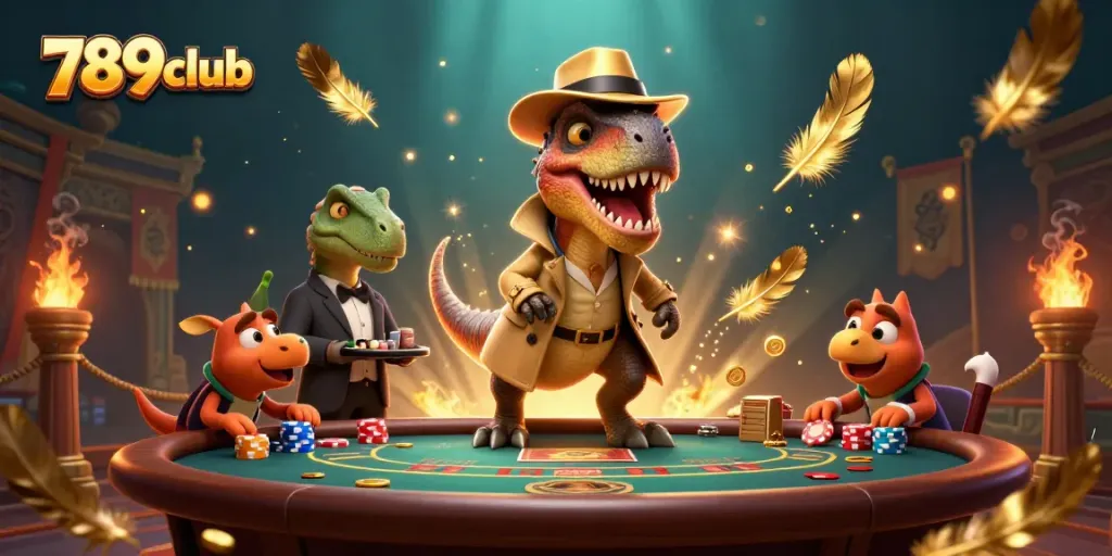 Engage with 789club through this vibrant 3D scene showcasing a cunning velociraptor at a blackjack table.