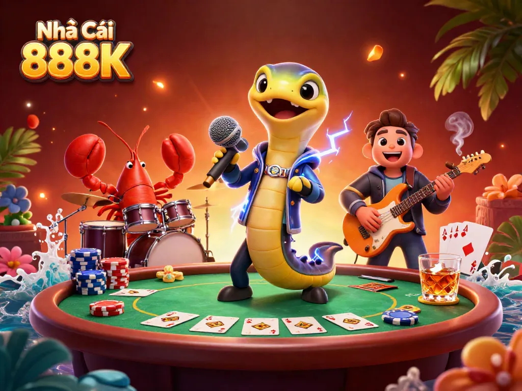 Celebrate winning at Nhà Cái 888K with vibrant casino elements and lively characters in a dynamic illustration.