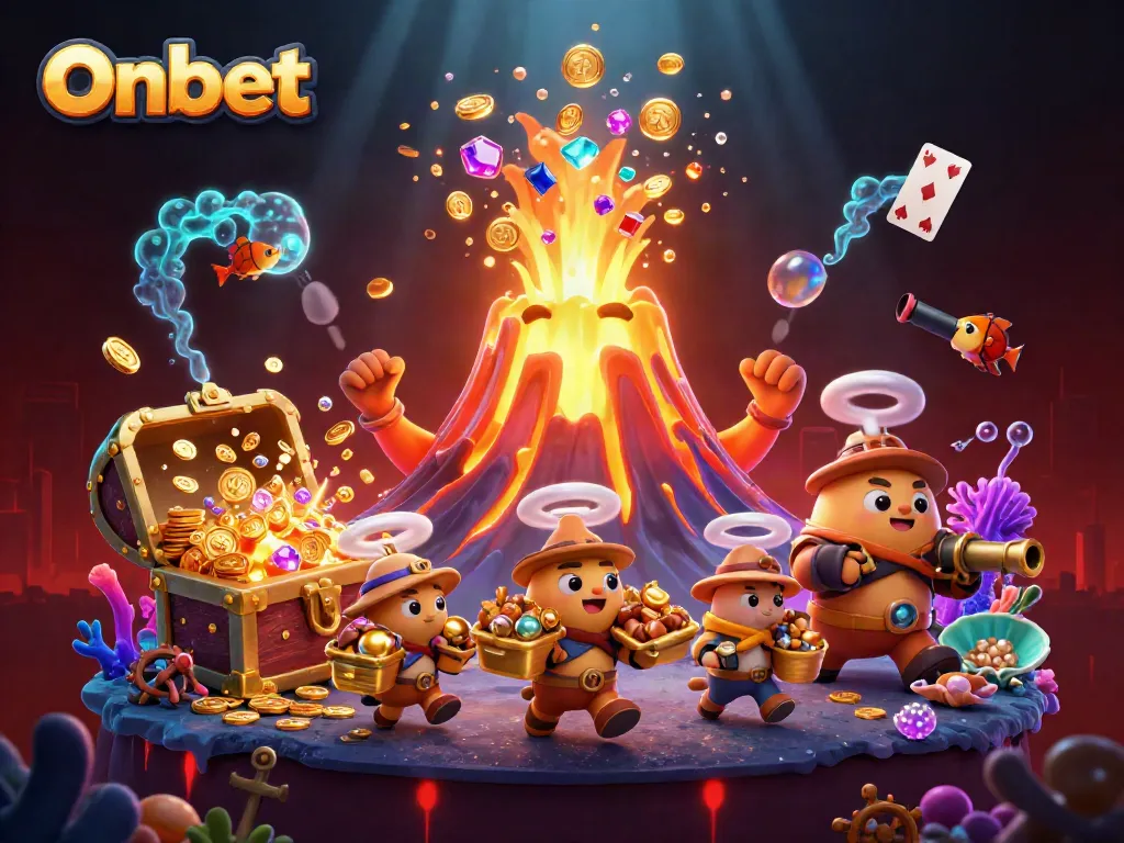 Onbet's explosive casino scene showcasing a triumphant golden volcano and treasure-filled adventure.
