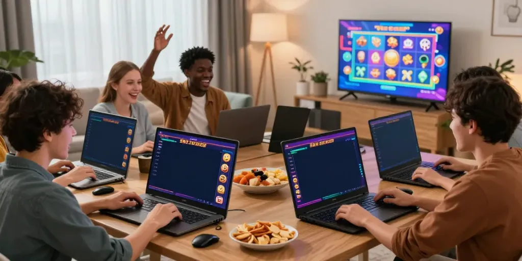 Friends enjoying an exciting gaming session on a situs slot gacor platform with colorful graphics.