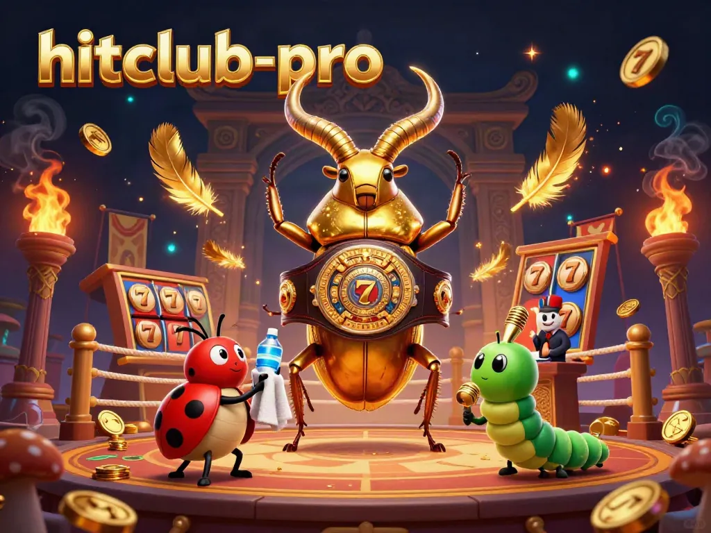 Engage in thrilling gameplay with hitclub-pro featuring a giant stag beetle boxing champion, ladybug corner-man, and vibrant casino elements.