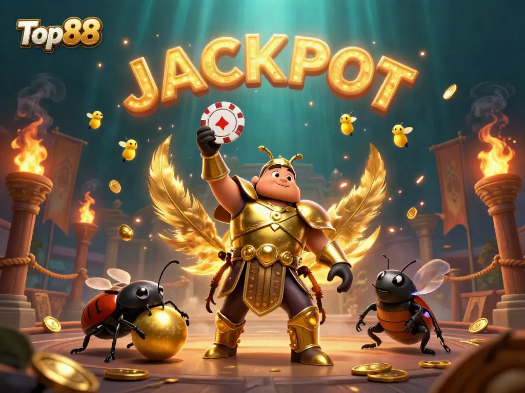 Engage in the thrilling Top88 experience with a heroic beetle and a jackpot celebration.