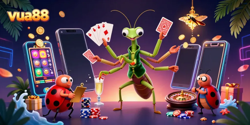 Experience thrilling gameplay at vua88 with vibrant 3D scenes showcasing card games and slots.