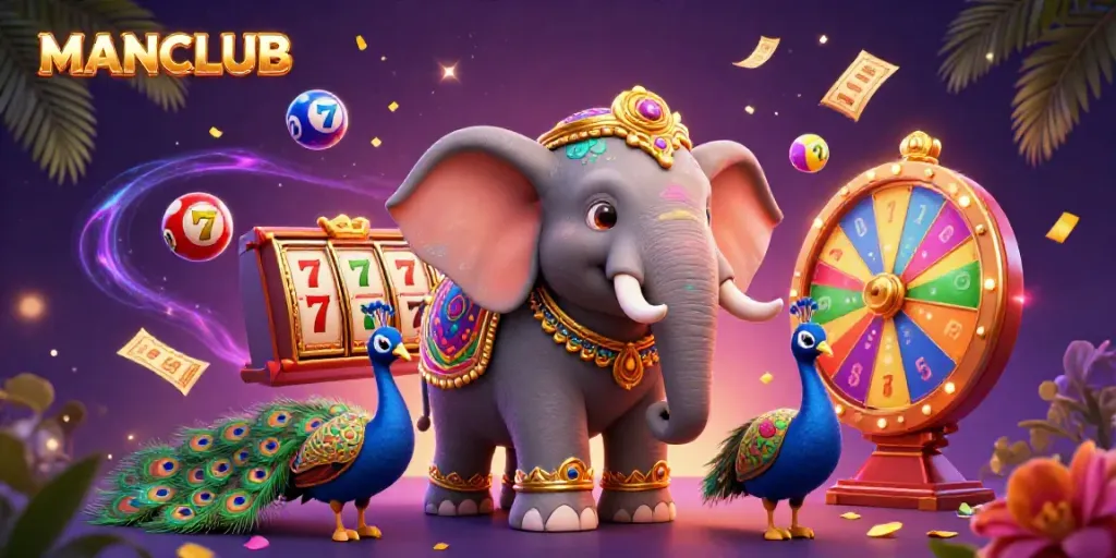 Experience the thrilling MANCLUB casino atmosphere with vibrant slot reels and festive characters.