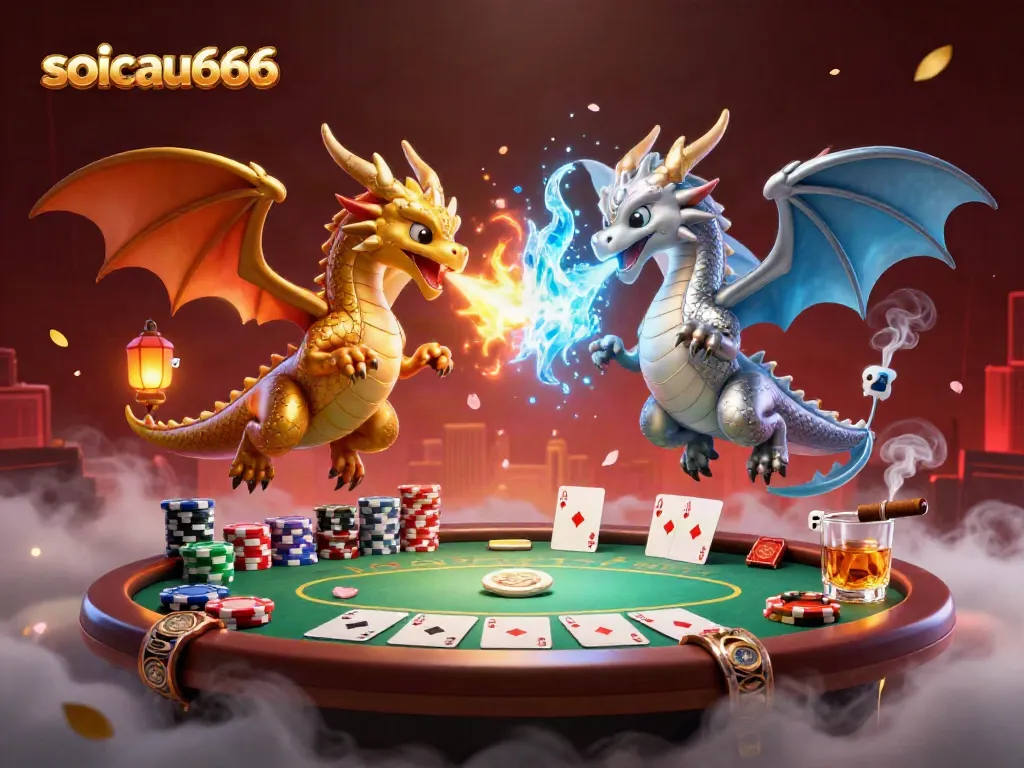 Immerse in the soicau666 gaming world with twin dragons, poker elements, and a mystical ambiance.