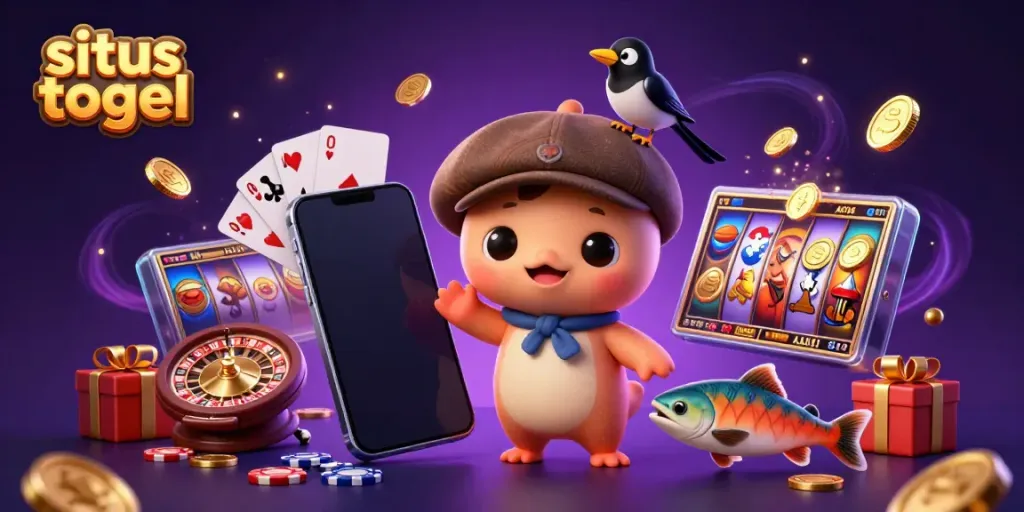 Engage with situs togel through this vibrant 3D illustration showcasing a playful Loch Ness monster and gaming elements.
