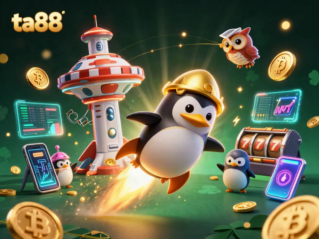 Join the adventure with ta88 as a golden penguin navigates a dazzling casino-themed space!