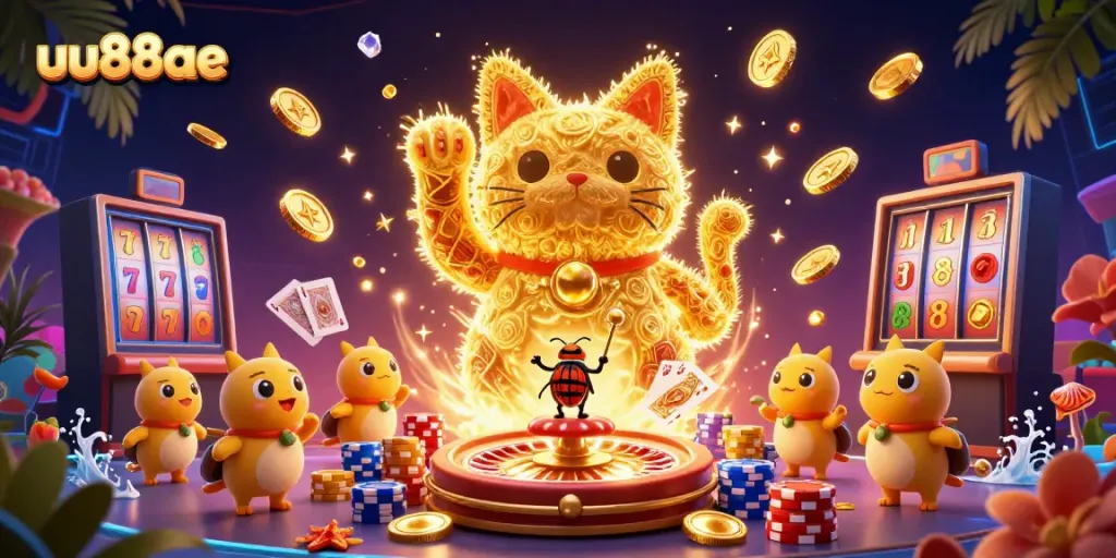 Win big with uu88ae's vibrant, dynamic 3D illustration of lucky symbols and casino excitement.