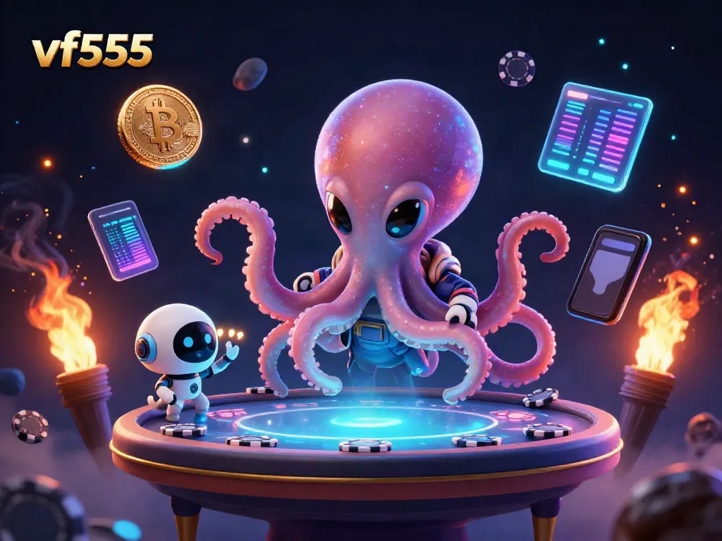 Engage with vf555 while feeling lucky at a captivating alien poker table with neon cryptocurrency elements.