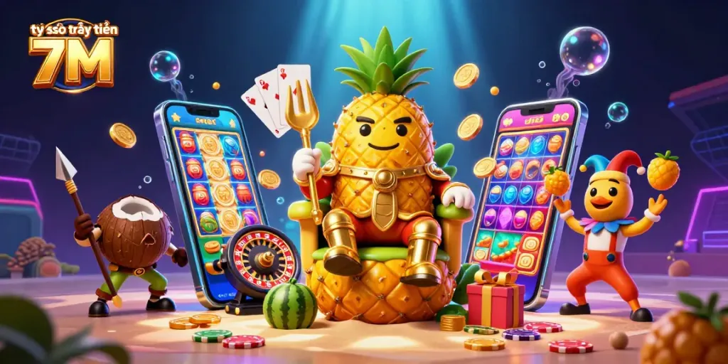 Engage with tỷ số trực tuyến 7M as the golden pineapple king and casino-themed characters create a vibrant scene.