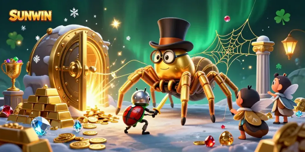 SUNWIN scene with a golden tarantula and knight among riches in a casino-themed illustration.
