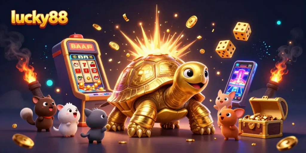 Experience the thrill of lucky88 with a vivid illustration showcasing an exciting casino scene filled with vibrant characters and jackpot elements.