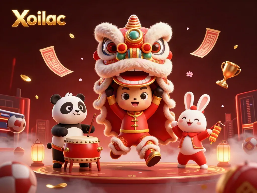Xoilac showcases a vibrant lion dance scene with sports elements and warm decorations for online gambling lovers.