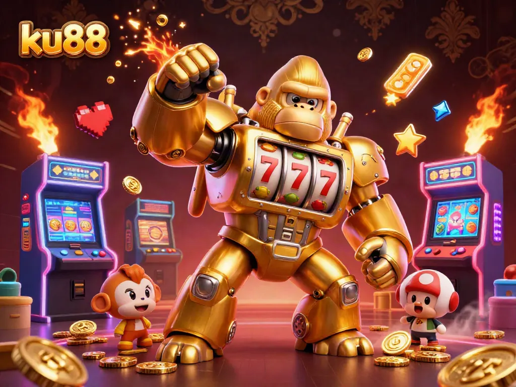 ku88 showcases a dynamic 3D illustration of a golden gorilla mech with slot wheels and exciting gaming elements.