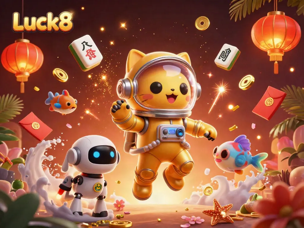 Float with Luck8 as a space cat and robot dog navigate a celestial casino filled with treasures.