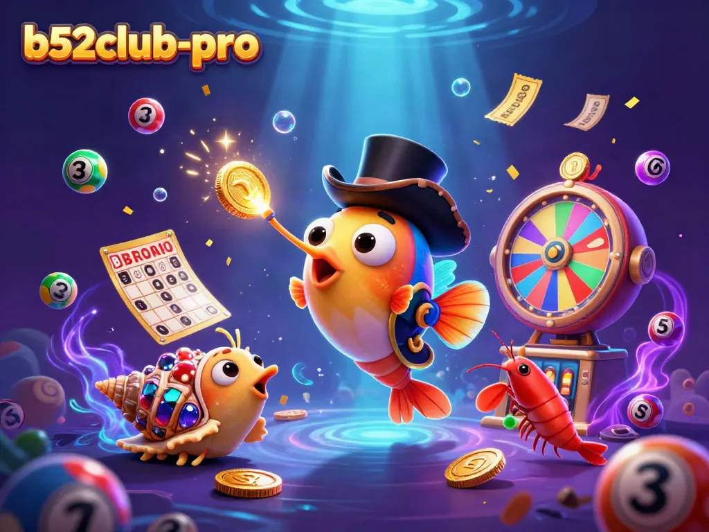 Engage with the exciting b52club-pro lottery experience featuring glowing underwater characters seeking treasure.