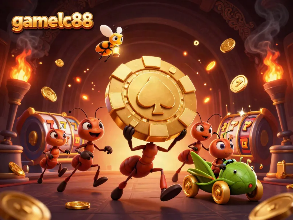 Engage with game lc88 through thrilling casino adventures, featuring playful 3D cartoon ants and vibrant gaming elements.