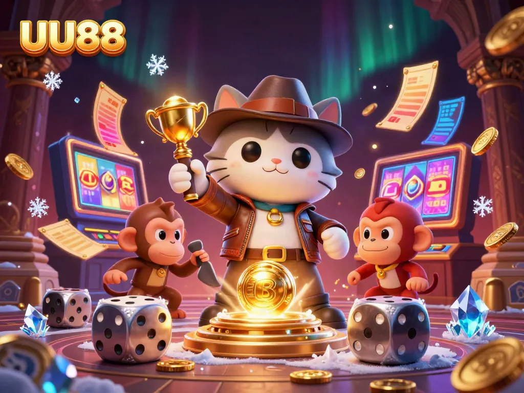 UU88 brings excitement as a cat explorer discovers treasure in a vibrant casino scene.