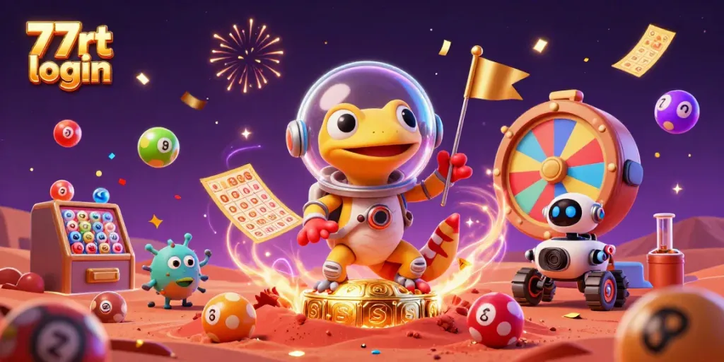 Experience the excitement of 77rt login with a Martian gecko in a golden casino scene filled with dynamic lottery action and festive elements.