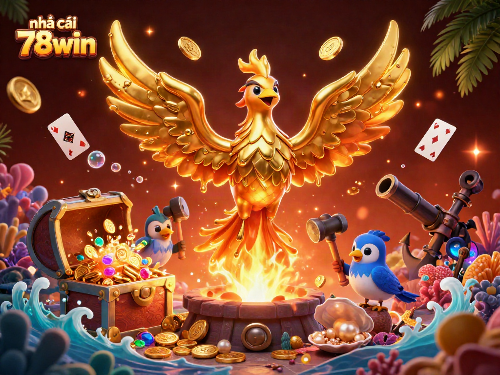 Engage with vibrant gameplay at nhà cái 78win, featuring a dynamic scene of a golden phoenix and treasure elements.
