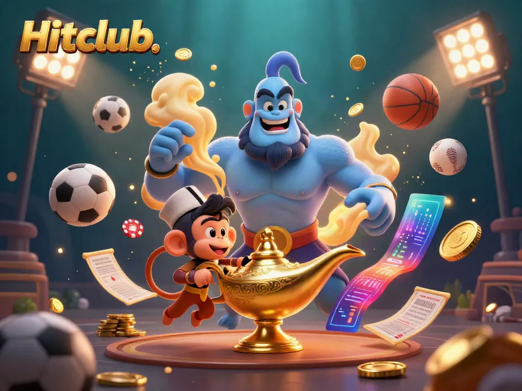 Hitclub showcases a vibrant casino scene with a blue genie and monkey amidst flying sports elements, enriching the gaming atmosphere.