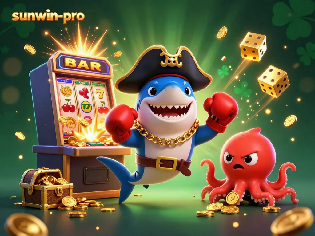 Engage with the excitement of sunwin-pro, featuring casino characters amidst jackpot symbols and golden coins.