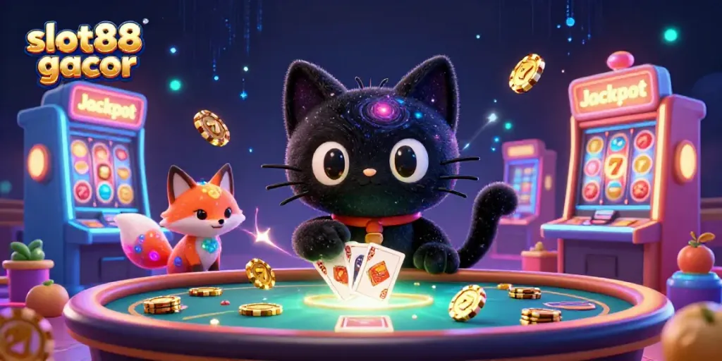 Slot88 gacor membawa keberuntungan dengan kucing hitam galaksi di meja kasino.