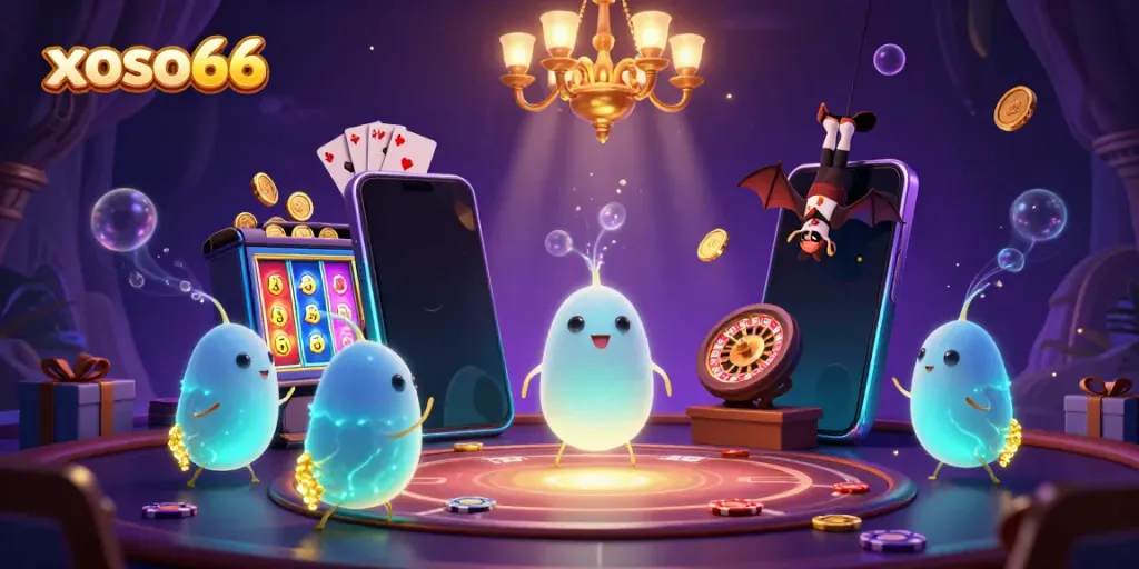 Xoso66 glowworms illuminate a vibrant cave casino scene filled with games and excitement.