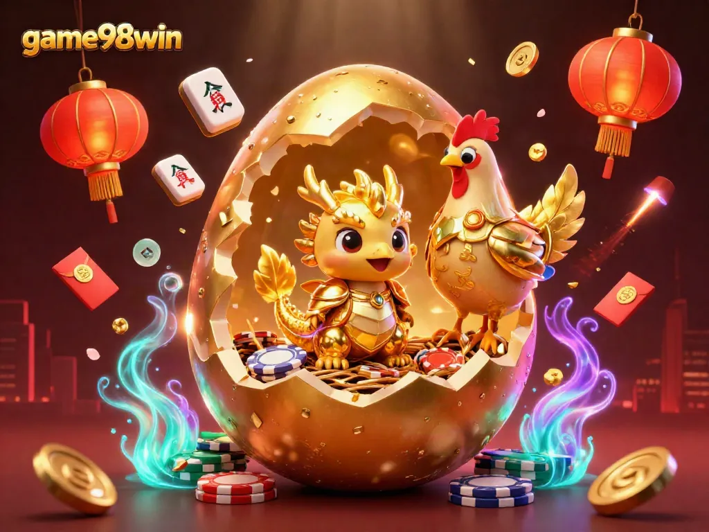 Experience winning at game98win with a vibrant 3D illustration of golden elements and casino motifs.