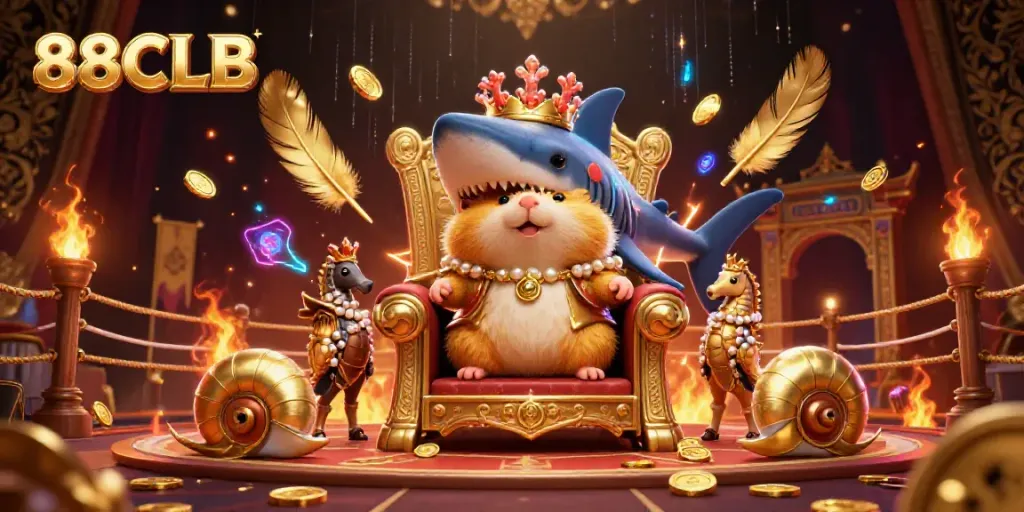 Experience thrilling gameplay at 88CLB with a vibrant illustration of a golden hamster king and casino elements.