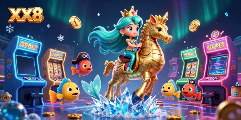 Experience the thrill of XX8 slots with vibrant characters and gambling icons in a magical underwater setting.