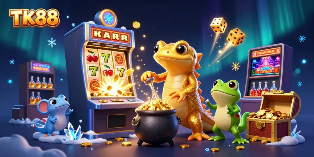 Experience the thrill of TK88 with a dynamic scene of gaming excitement featuring a golden salamander alchemist.