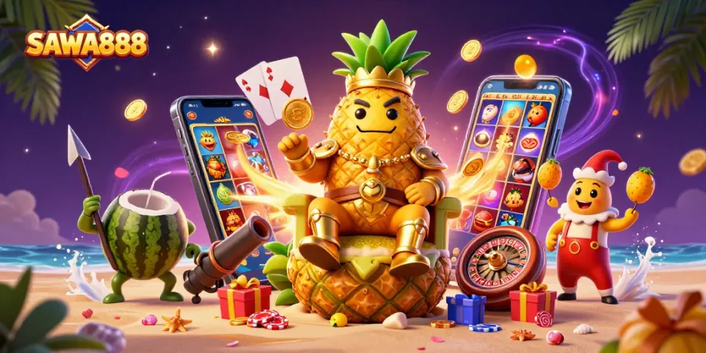 SAWA888 showcases a golden pineapple king and friends celebrating slots gameplay on a vibrant beach casino.
