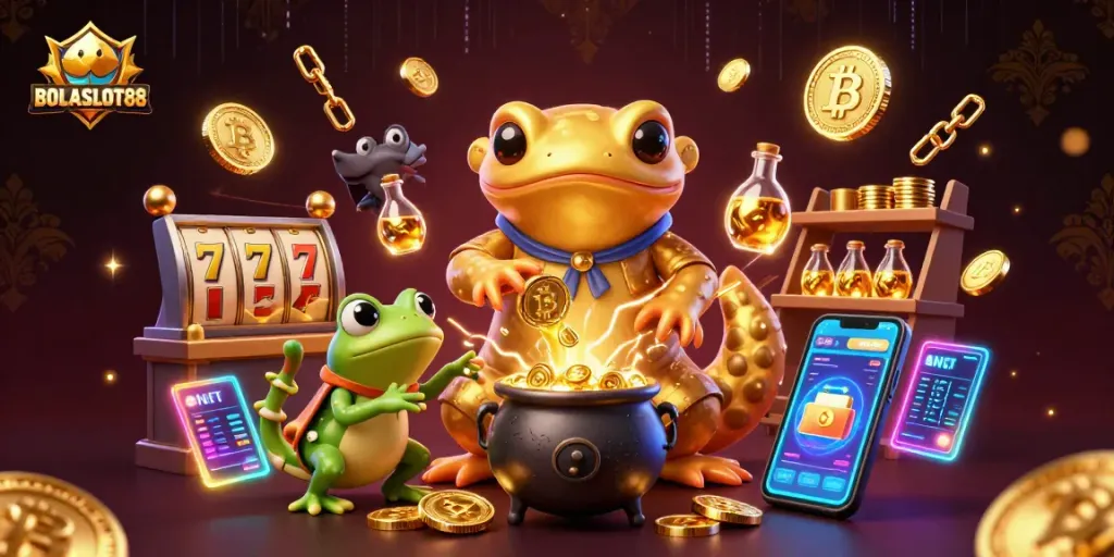 BOLASLOT88 offers exhilarating slot experiences with golden alchemist characters and vibrant crypto elements.