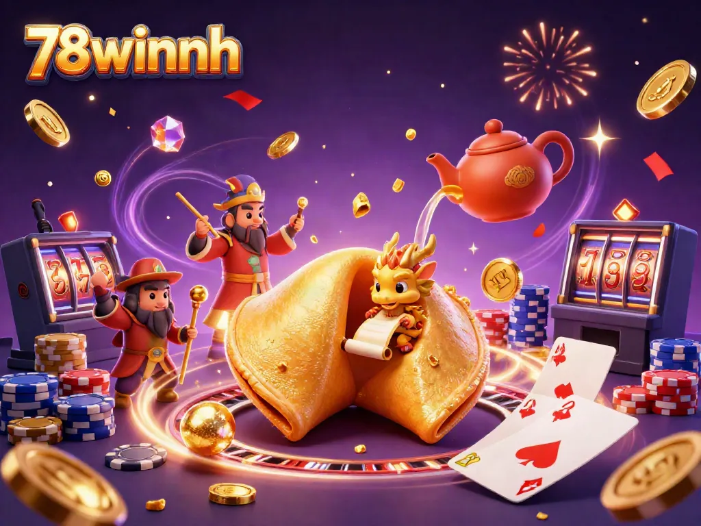 Engage with 78winnh's thrilling casino experience featuring a fortune cookie and dragon amidst dazzling game elements.