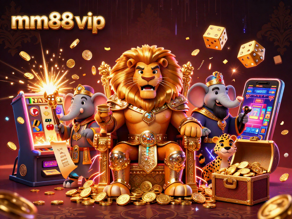 Spin and win with mm88 vip, featuring a majestic lion and jackpot slot scene.