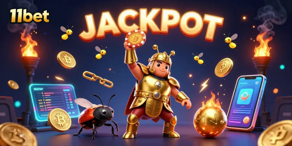 Engage in exciting gameplay at 11bet with vibrant characters celebrating a jackpot victory.