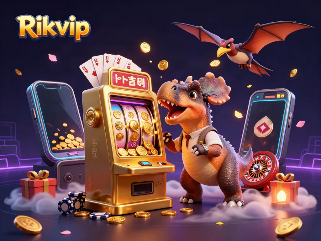 Experience thrilling Rikvip adventures with colorful casino action in a vibrant 3D illustration.