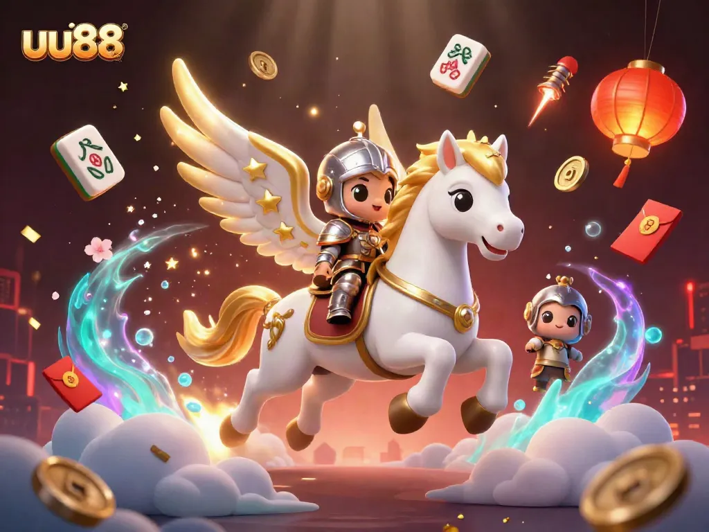 Experience thrilling games at uu88 as a knight rides a celestial horse in a vibrant casino tableau.
