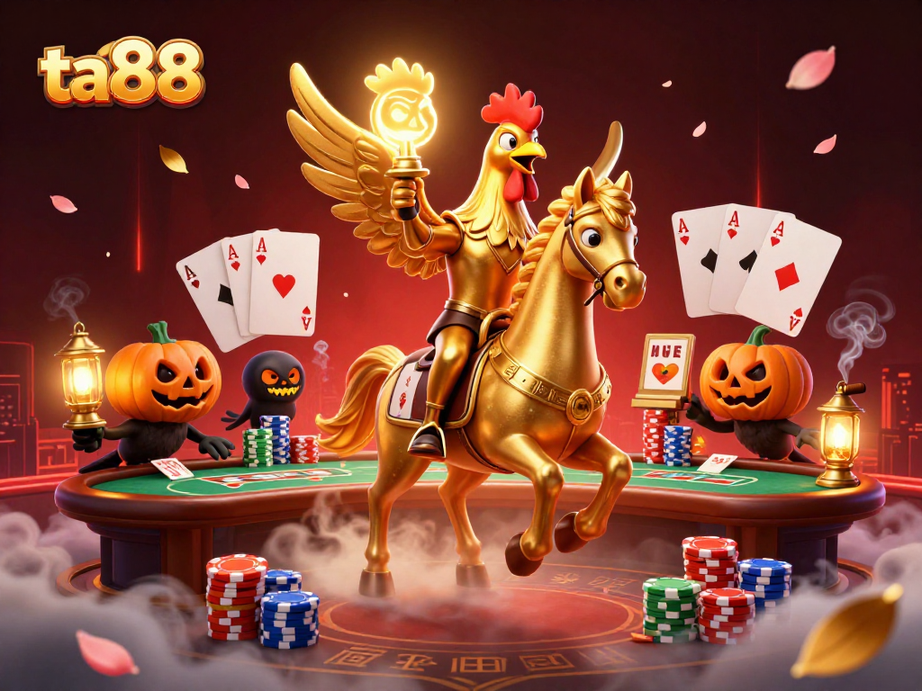 Join the ta88 golden rooster in a vibrant casino scene featuring poker excitement and mystical elements.