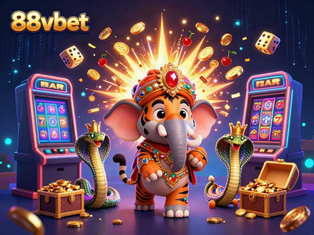 Experience the excitement of 88vbet with an ultra-detailed 3D illustration of a maharaja tiger and vibrant casino elements.