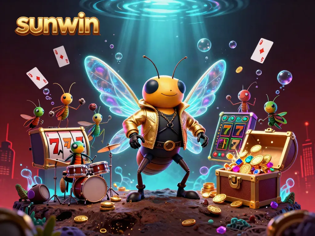 Experience the excitement of sunwin's gaming with a vibrant 3D scene featuring animated characters, slot reels, and sparkling treasures.