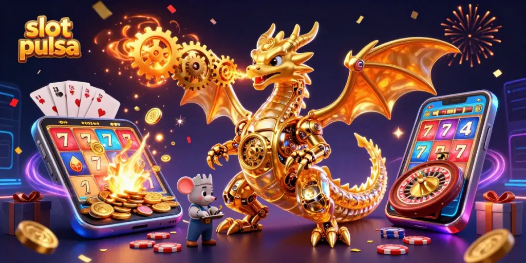 Experience thrilling slot pulsa action with a golden dragon and spinning reels in this dynamic casino illustration.