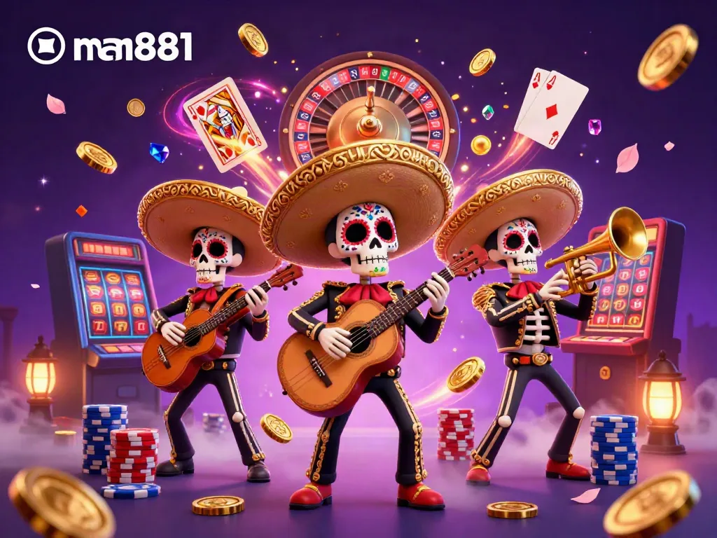 Experience thrilling gameplay with vibrant casino elements celebrating the man881 brand through colorful characters and dynamic visuals.