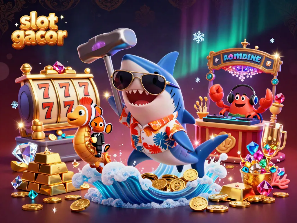 Experience the excitement of slot gacor as a shark surfs on coins amidst vibrant casino elements.